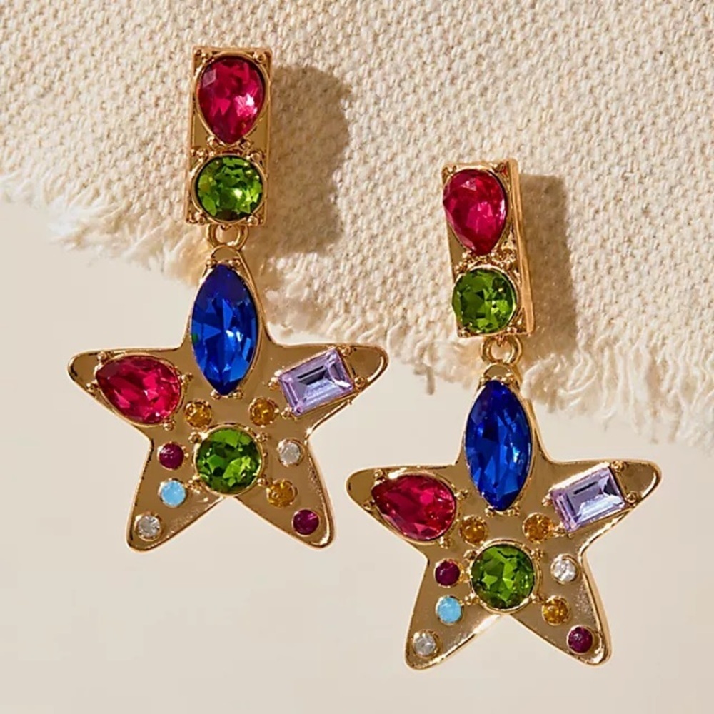 Free People Nancy Ann Earrings Gold Toned and Jeweled Stars NWT $48